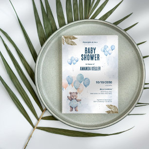 Elegant Blue Teddy Bear Baby Shower Einladung