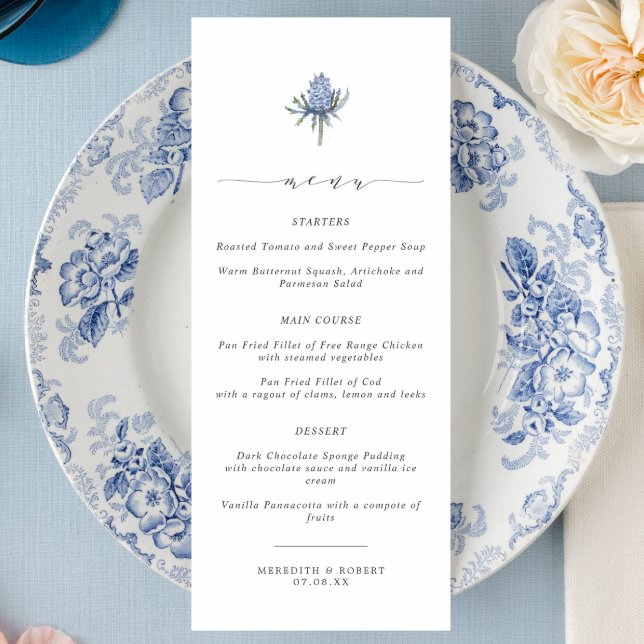 Elegant Blue Thistle Script Wedding Menükarte (Von Creator hochgeladen)