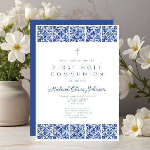 Elegant Blue Tiles Boy First Communion Einladung