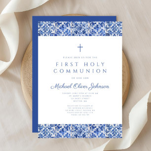Elegant Blue Tiles Boy First Communion Einladung