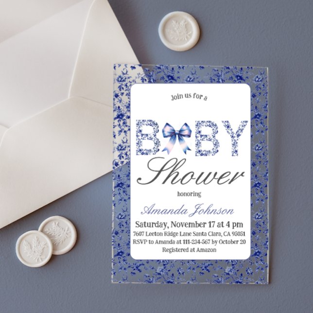 Elegant Blue Toile de Jouy und Bow Baby Shower Acryleinladungen (Von Creator hochgeladen)