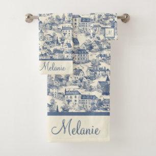 Elegant Blue Toile de Jouy Village Scene Badhandtuch Set