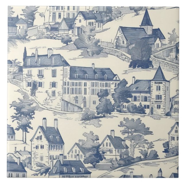 Elegant Blue Toile de Jouy Village Scene Fliese (Vorderseite)