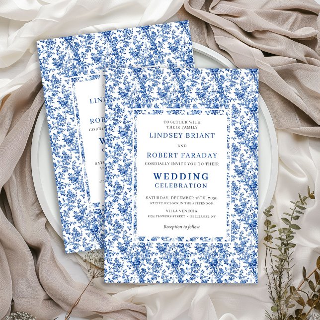 Elegant Blue Toile Floral Classic Wedding Invites Einladung (Elegant Blue Toile Floral Classic Wedding Invitation)