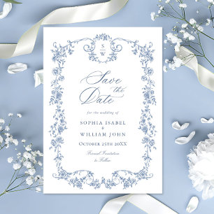 Elegant Blue Toile Floral Wedding Save The Date