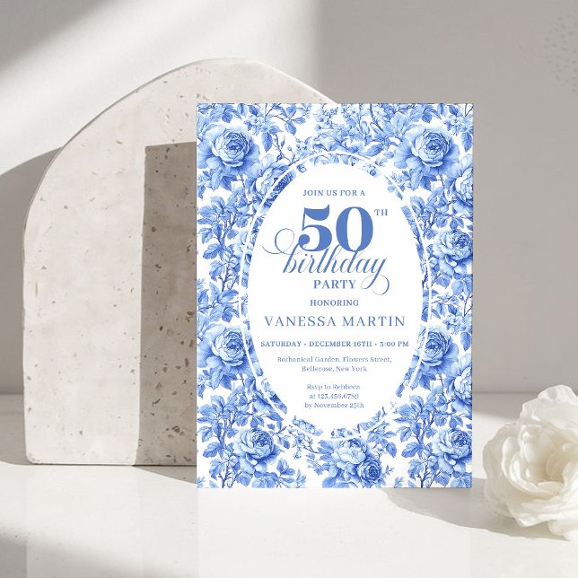 Elegant Blue Toile Rose 50th Birthday Invitation Einladung (Elegant Blue Toile Rose 50th Birthday Invitation)