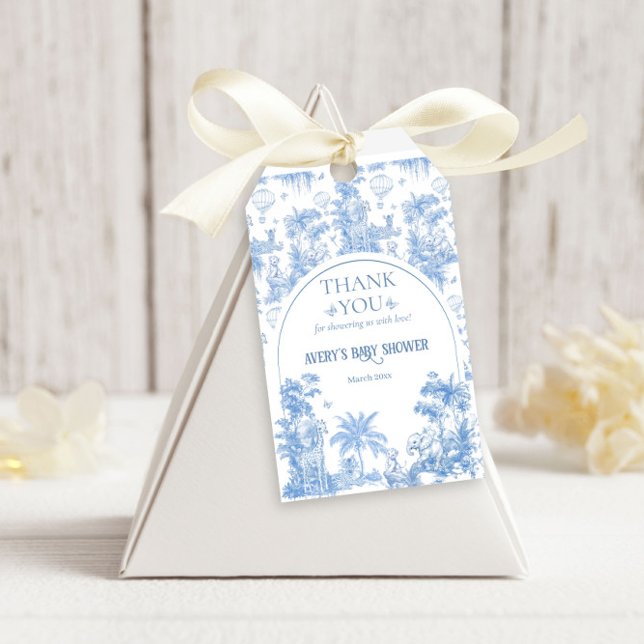 Elegant Blue Toile Safari Baby Shower Geschenkanhänger (Von Creator hochgeladen)