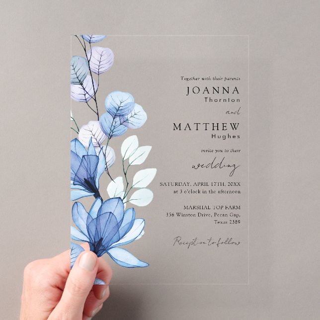Elegant Blue Transparent Floral Wedding Acryleinladungen (Insitu (Handheld))