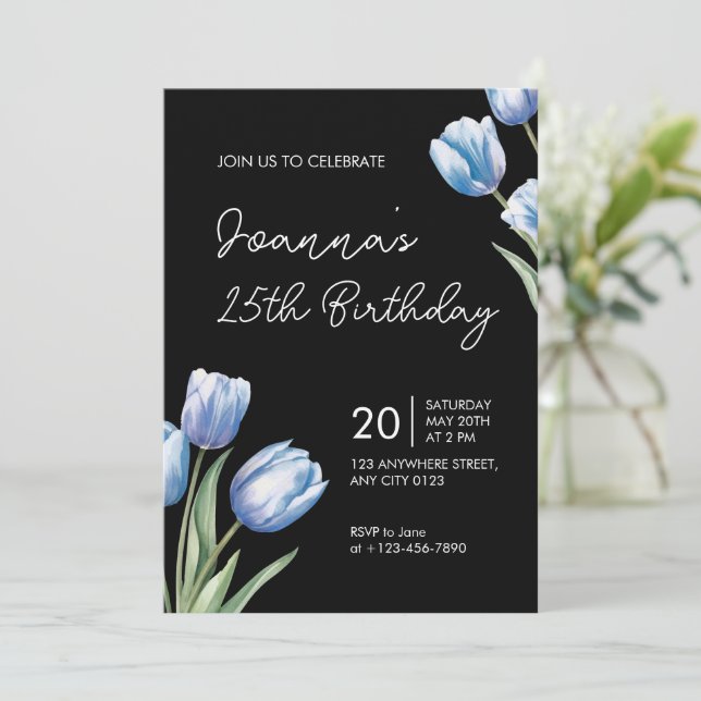 Elegant Blue Tulip Birthday Party Invitation Einladung (Stehend Vorderseite)