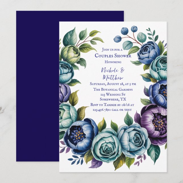 Elegant Blue Turquoise Floral Couples Dusche Einladung (Vorne/Hinten)