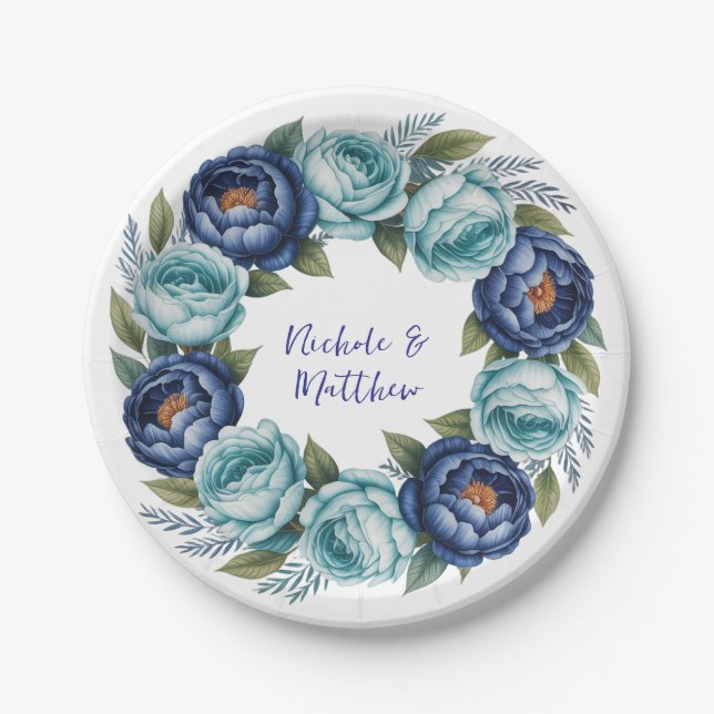 Elegant Blue Turquoise Floral Wedding Pappteller (Vorderseite)