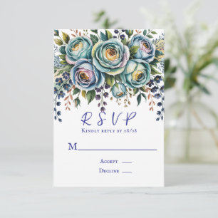 Elegant Blue Turquoise Floral Wedding RSVP Karte