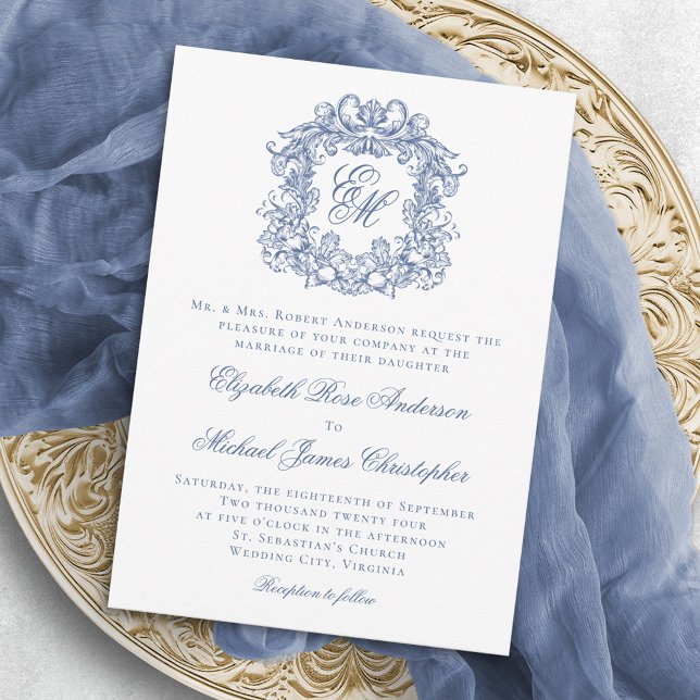 Elegant Blue Vintag Monogram Wappen Wedding Einladung (Von Creator hochgeladen)