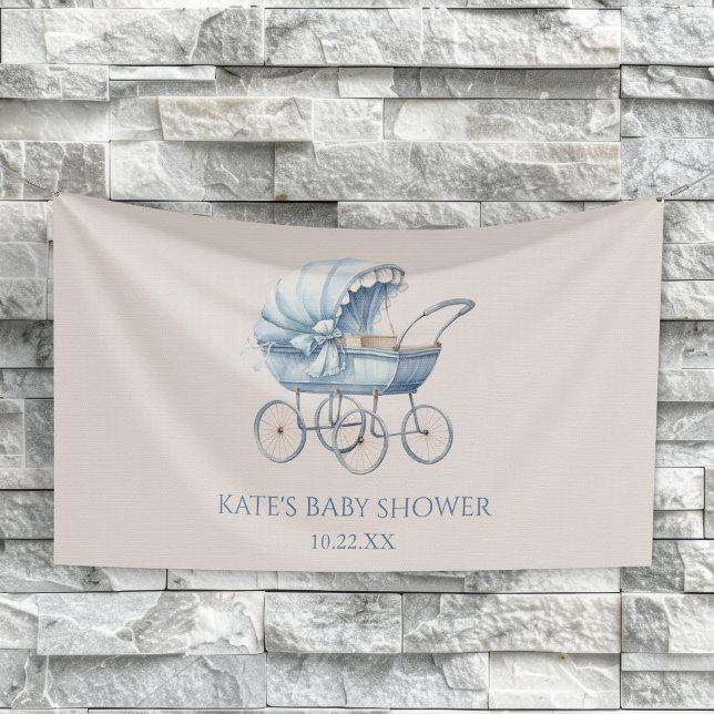 Elegant Blue Vintage Baby Carriage Baby Shower Banner (Von Creator hochgeladen)