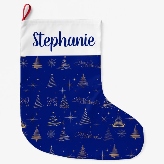 Elegant Blue W/ Gold Christmas Tree Doodles  Großer Weihnachtsstrumpf (Vorderseite)