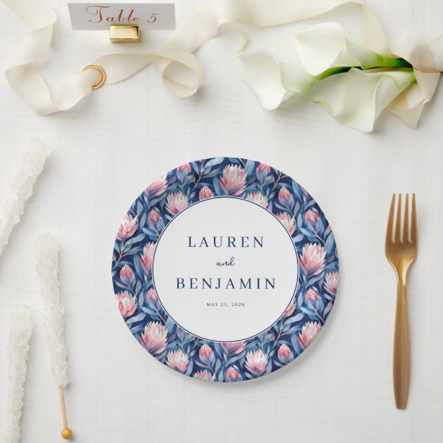 Elegant Blue Watercolor Floral Pattern Pappteller (Hochzeit)