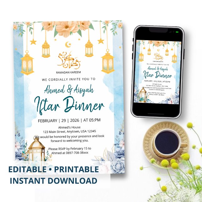 Elegant Blue Watercolor Floral Ramadan Iftar Einladung (Von Creator hochgeladen)