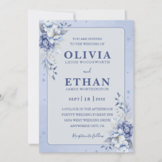 Elegant Blue Watercolor Floral Traditional Wedding Einladung