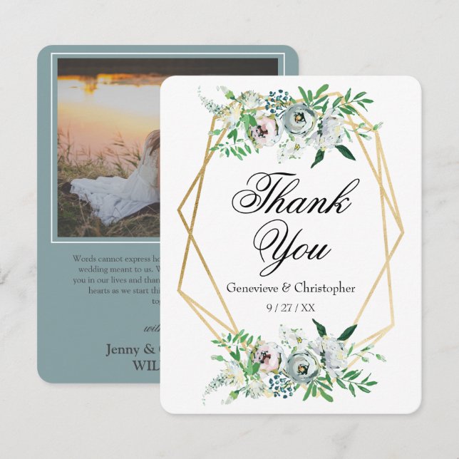Elegant Blue Watercolor Floral Wedding Dankeskarte (Vorne/Hinten)