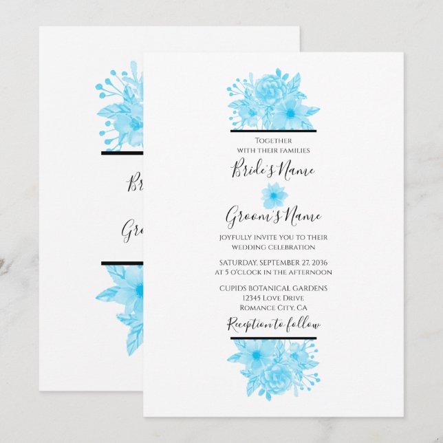 Elegant Blue Watercolor Floral Wedding Einladungen (Vorne/Hinten)