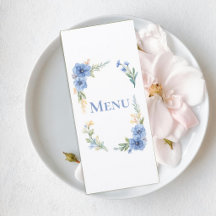 Elegant Blue Watercolor Floral Wedding Menu Card