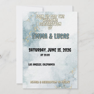 Elegant Blue Watercolor & Gold Wedding Invitation