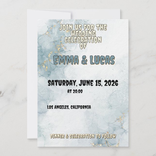 Elegant Blue Watercolor & Gold Wedding Invitation Einladung (Vorderseite)