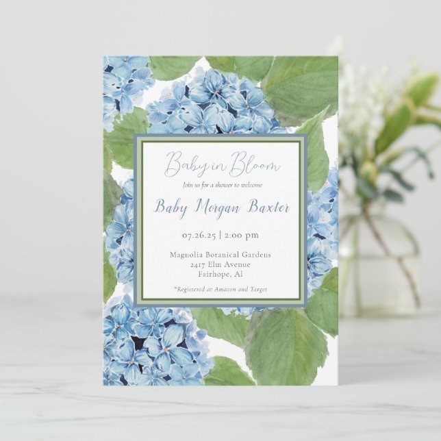 Elegant Blue Watercolor Hydrangea Baby Shower Einladung (Stehend Vorderseite)