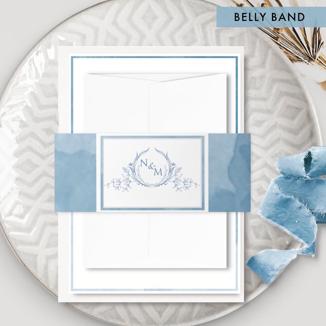 Elegant Blue Watercolor, Monogram Wedding Invitati Einladungsbanderole (Von Creator hochgeladen)