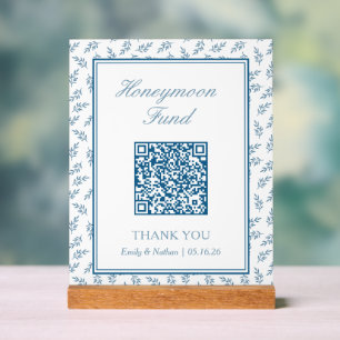 Elegant Blue Wedding Honeymoon Fund QR Code Card Acrylschild