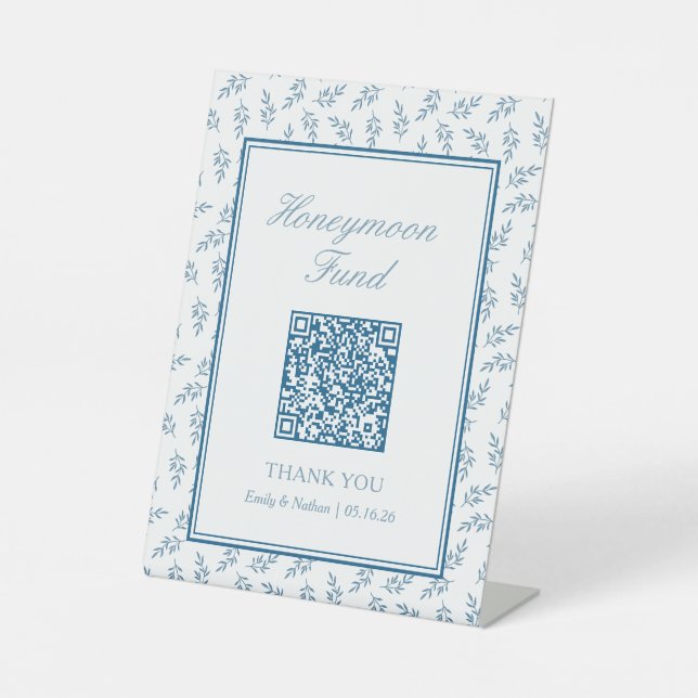 Elegant Blue Wedding Honeymoon Fund QR Code Card Sockelschild (Vorderseite)