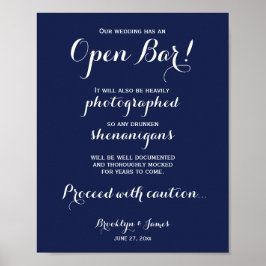 Elegant Blue Wedding Open Bar Sign 8x10 Poster