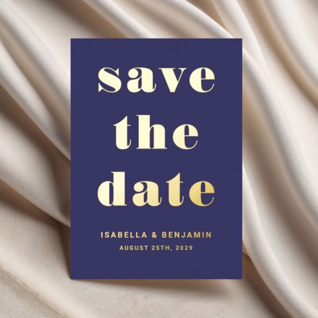 Elegant Blue Wedding rettet das Datum Gold Folieneinladung (Elegant Navy Blue Gold Wedding Save The Date Card)