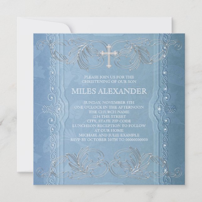Elegant Blue White Baby Boy Christening Einladung (Vorderseite)