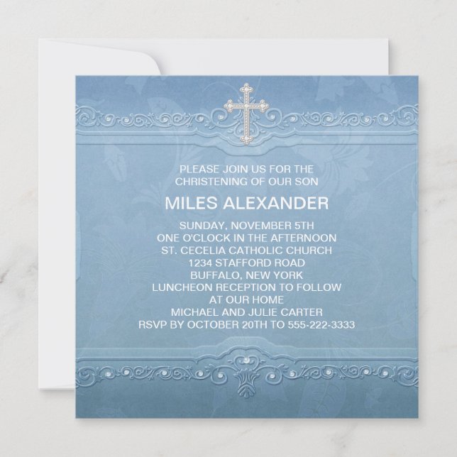 Elegant Blue White Baby Boy Christening Einladung (Vorderseite)