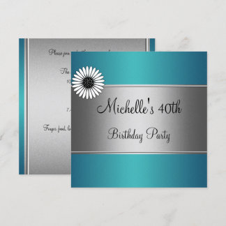 Elegant Blue White Blume Silver 40. Geburtstag Einladung