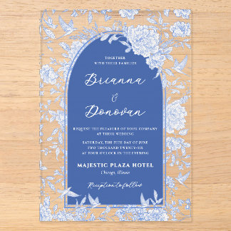 Elegant Blue & White Botanical Bird Wedding Acryleinladungen