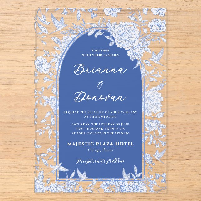 Elegant Blue & White Botanical Bird Wedding Acryleinladungen (Vorderseite)