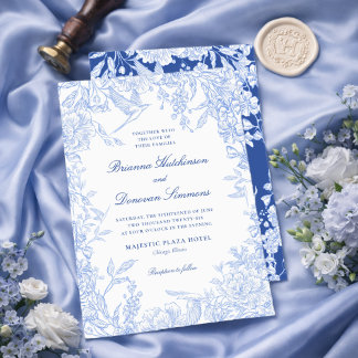 Elegant Blue & White Botanical Bird Wedding  Einladung