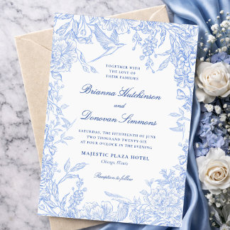 Elegant Blue & White Botanical Bird Wedding Einladung