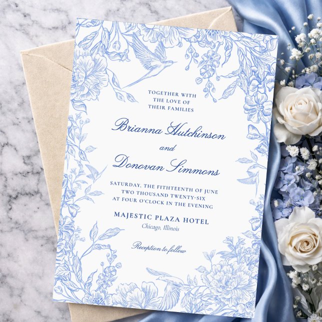 Elegant Blue & White Botanical Bird Wedding  Einladung (Von Creator hochgeladen)