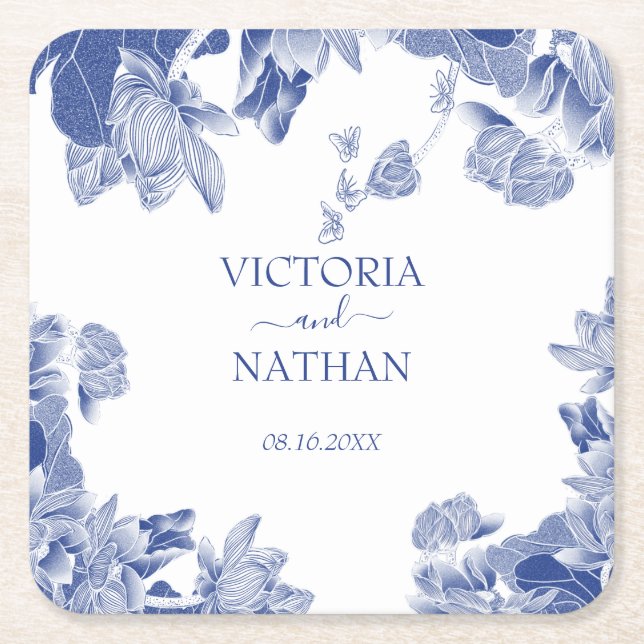 Elegant Blue White Chinoiserie Chis Floral Wedding Rechteckiger Pappuntersetzer (Vorderseite)