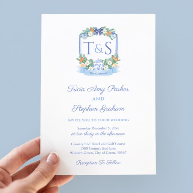 Elegant Blue White Citrus Wappen Hochzeit Einladung (Citrus Ginger Jar Holidays Wedding Watercolor Monogram Crest Invitation)