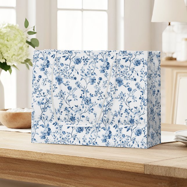Elegant Blue & White Floral Toile Botanical Große Geschenktüte (Elegant blue toile pattern large gift bag - a timeless classic that's perfect for gifting!)