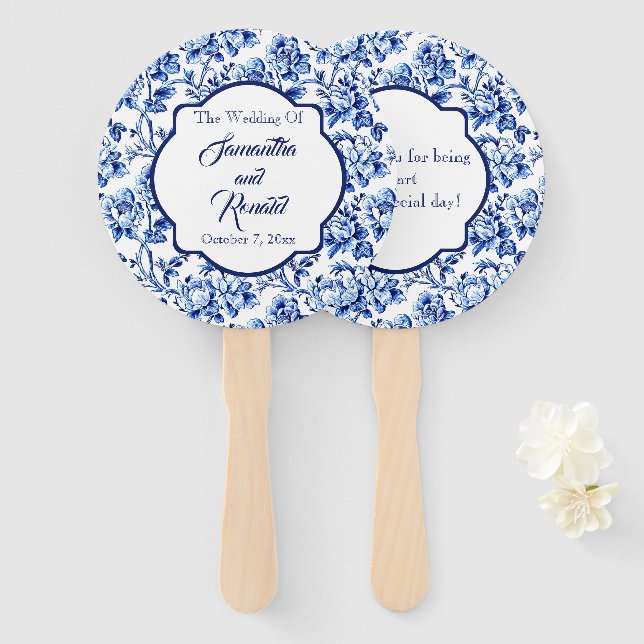 Elegant Blue White Floral Toile Hochzeit Fächer (Vorne und Hinten)