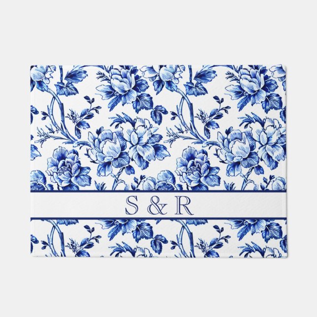 Elegant Blue White Floral Toile Hochzeit Fußmatte (Vorderseite)