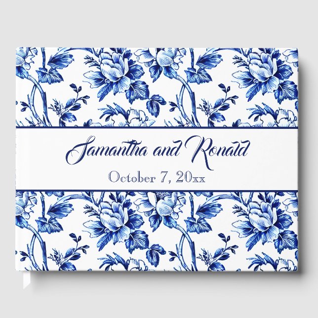 Elegant Blue White Floral Toile Hochzeit Gästebuch (Vorderseite)