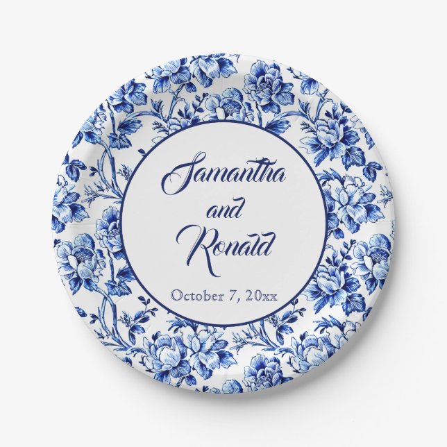 Elegant Blue White Floral Toile Hochzeit Pappteller (Vorderseite)