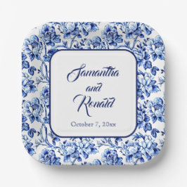 Elegant Blue White Floral Toile Hochzeit Pappteller