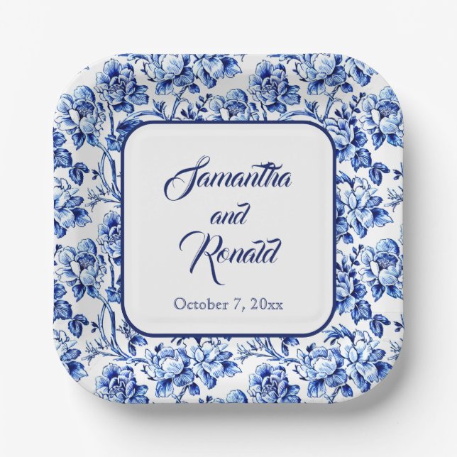 Elegant Blue White Floral Toile Hochzeit Pappteller (Vorderseite)